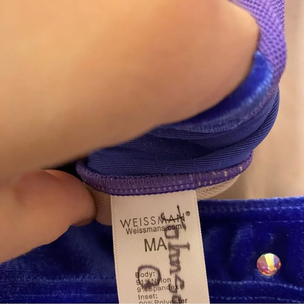 Weissman Elite dance costume blue purple mesh velvet unitard V11775 MA